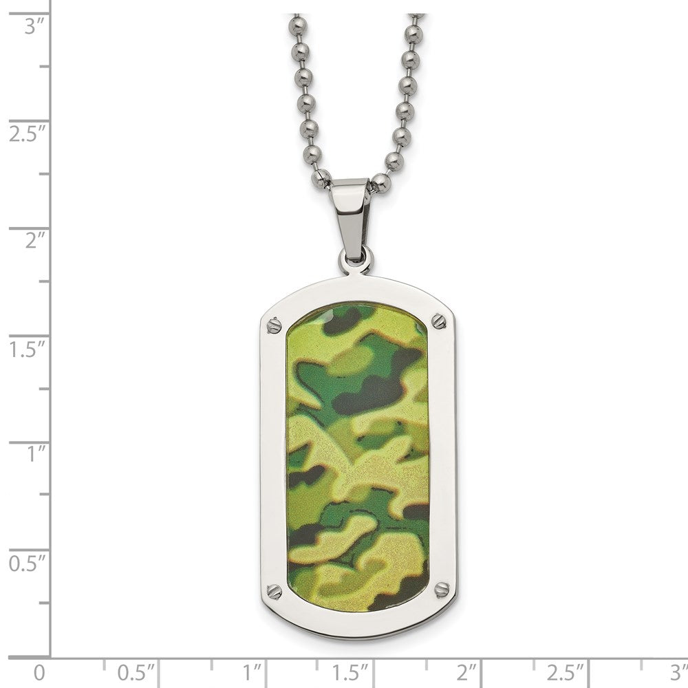 Stainless Steel Chisel Polished Camouflage Enameled Dog Tag On A 24 Inch Ball Chain Necklace