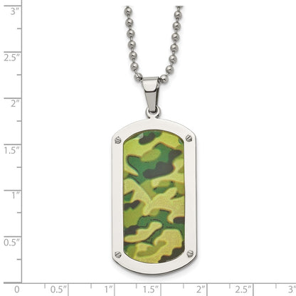 Stainless Steel Chisel Polished Camouflage Enameled Dog Tag On A 24 Inch Ball Chain Necklace