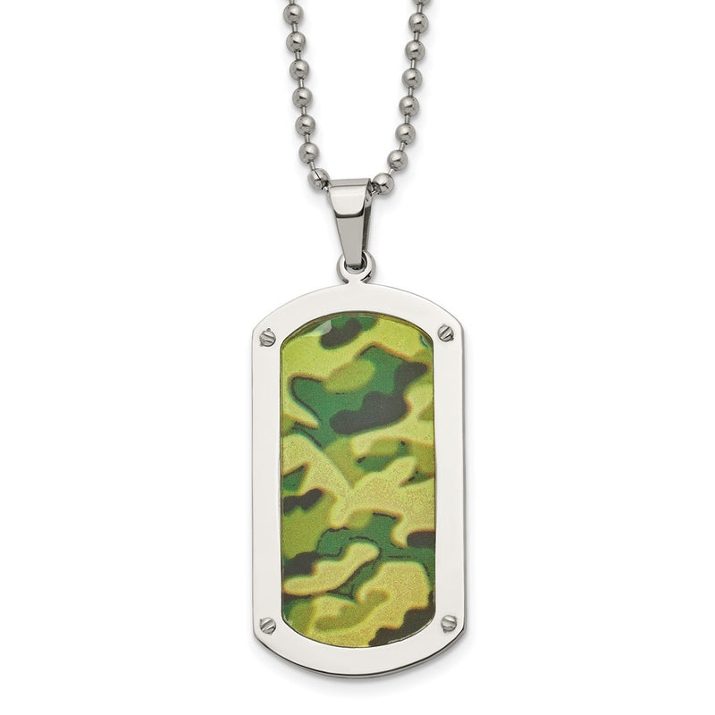 Stainless Steel Chisel Polished Camouflage Enameled Dog Tag On A 24 Inch Ball Chain Necklace