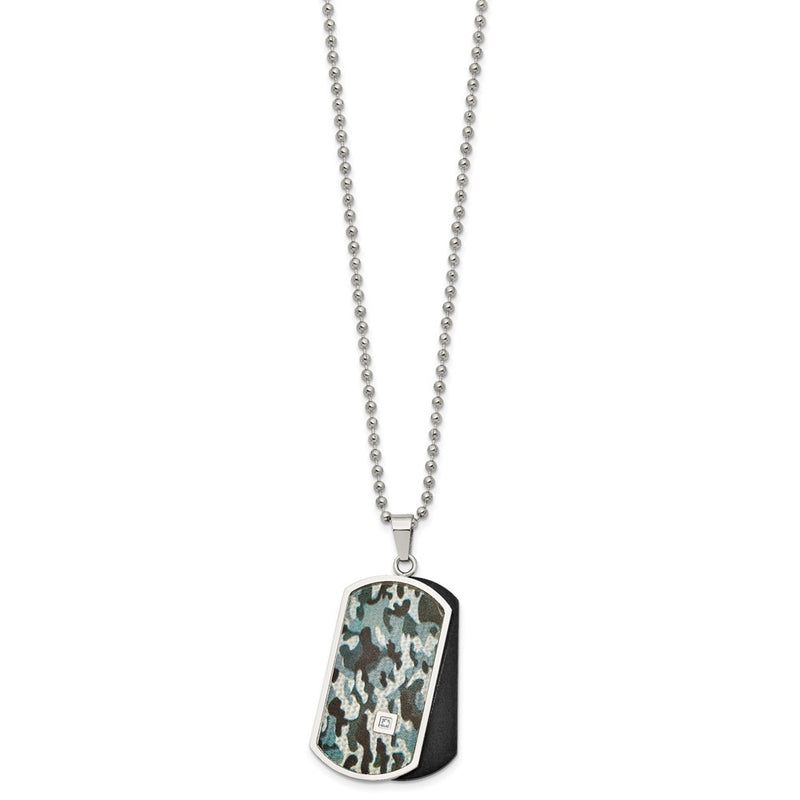 Stainless Steel Chisel Polished Black Ip-Plated And Camo Enamel With .015 Carat Diamond Double Dog Tag On A 24 Inch Ball Chain Necklace