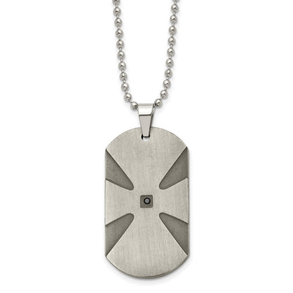 Stainless Steel Brushed .03Ct Black Diamond Cross Dog Tag 24In Necklace