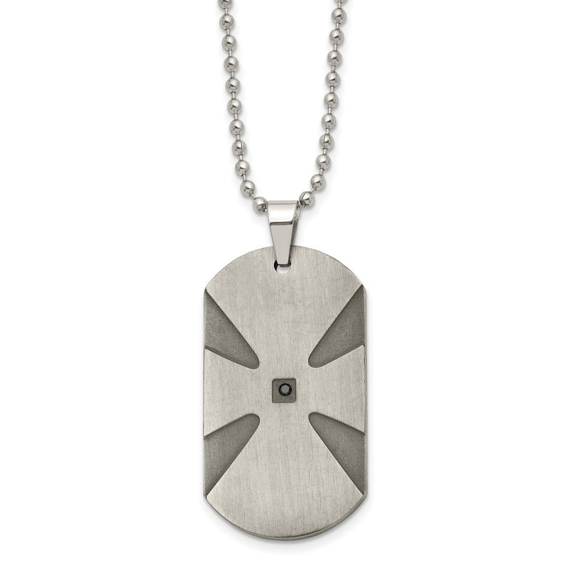 Stainless Steel Brushed .03Ct Black Diamond Cross Dog Tag 24In Necklace