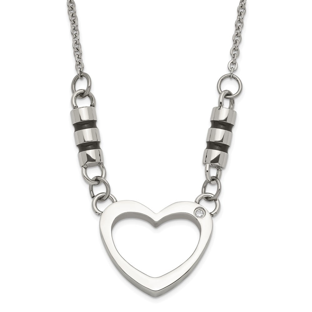 Stainless Steel Polished Black Enamel Cz Heart Necklace