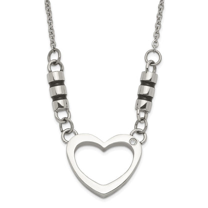 Stainless Steel Polished Black Enamel Cz Heart Necklace
