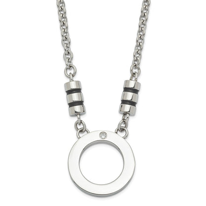 Stainless Steel Polished Black Enamel Cz Circle Necklace