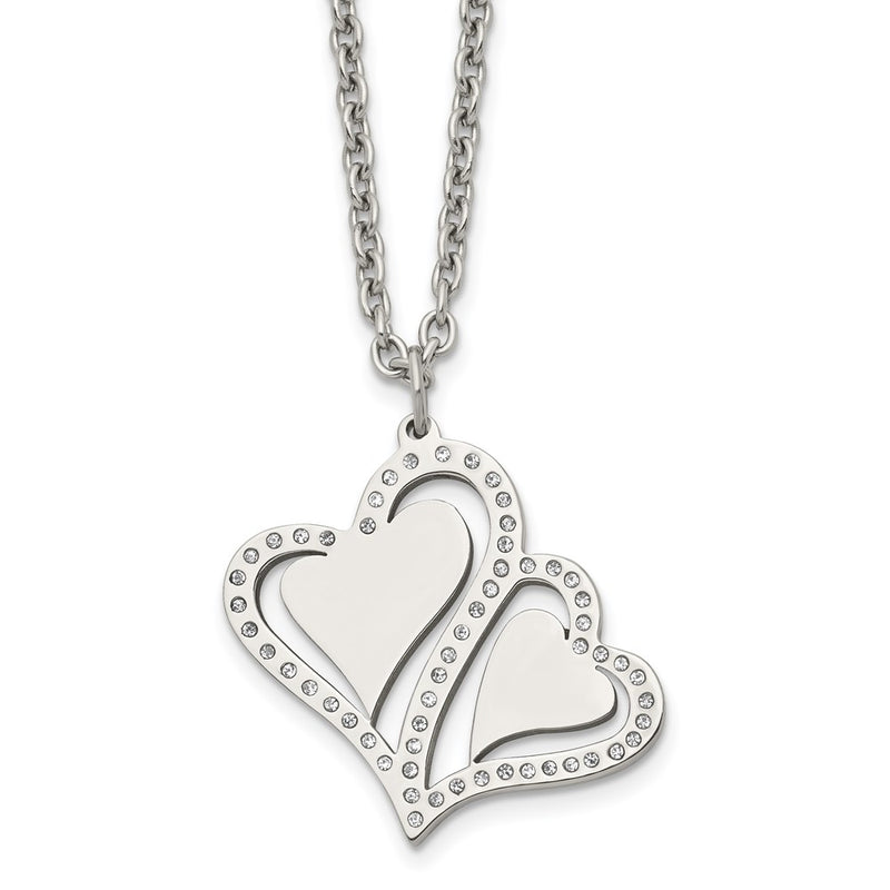 Stainless Steel Polished W/Crystals Hearts 15.75In W/2.25In Ext Necklace