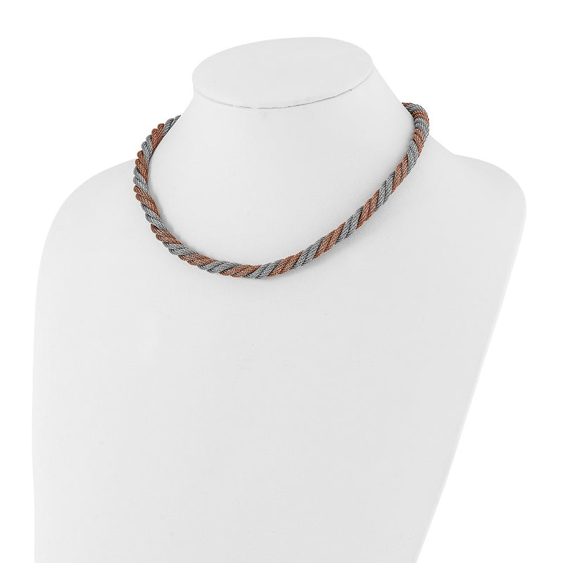 Stainless Steel Polished Rose Ip-Plated Twisted Mesh Necklace