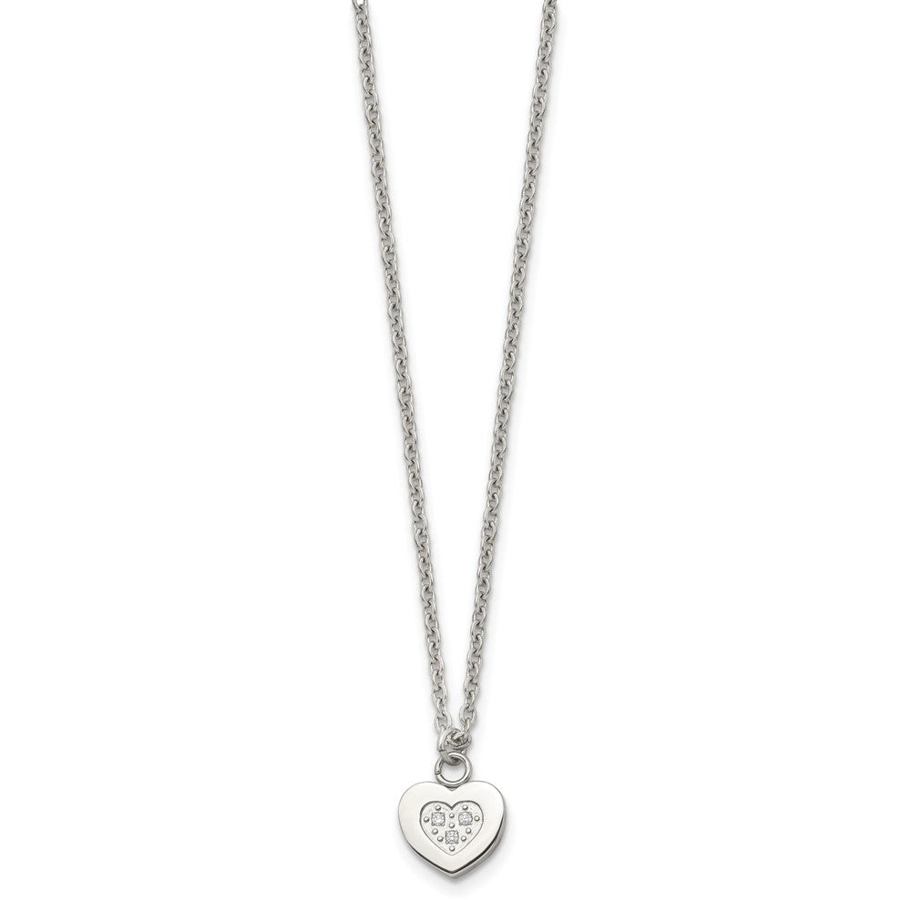 Stainless Steel Polished W/Cz Heart 18In Necklace