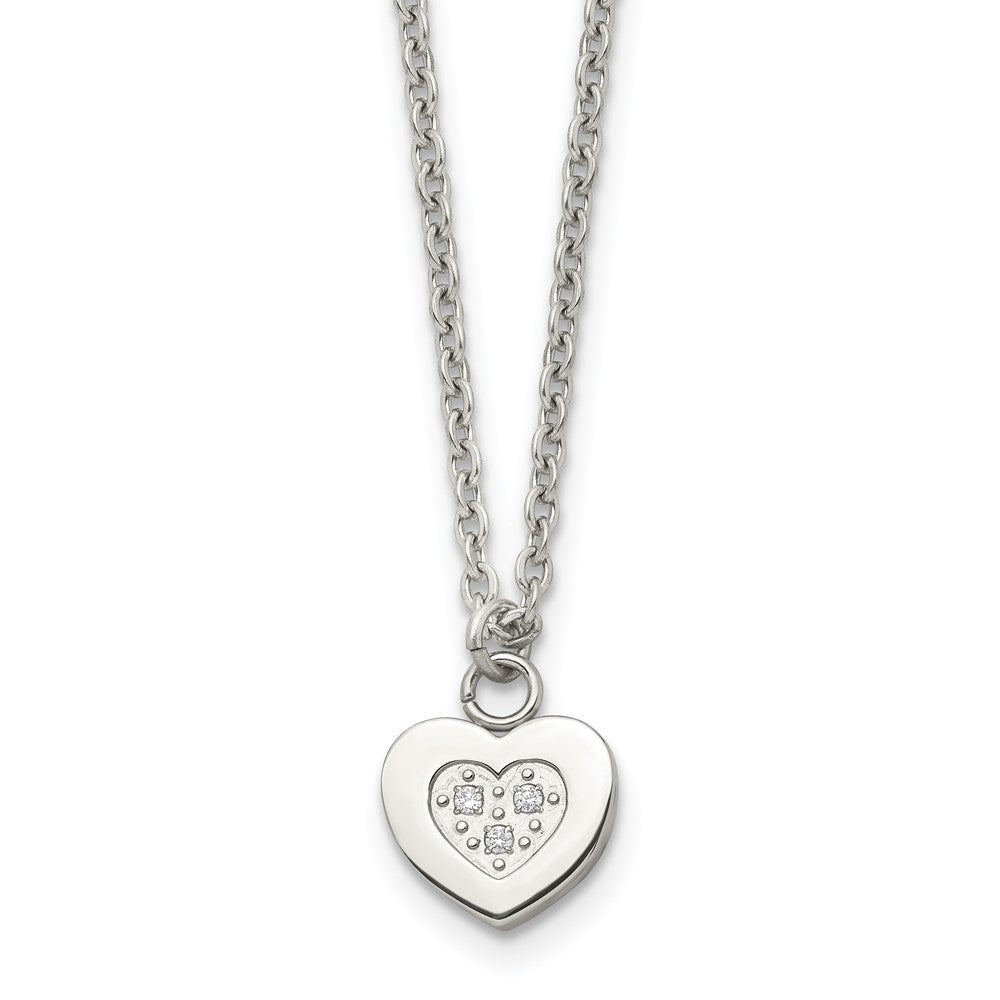 Stainless Steel Polished W/Cz Heart 18In Necklace