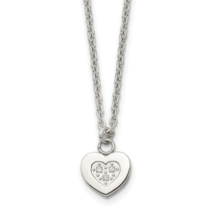 Stainless Steel Polished W/Cz Heart 18In Necklace