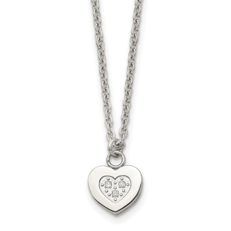 Stainless Steel Polished W/Cz Heart 18In Necklace