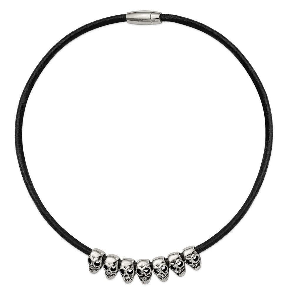 Stainless Steel Antiqued/Polished Skulls 18In Black Leather Cord Necklace