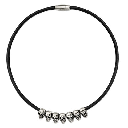 Stainless Steel Antiqued/Polished Skulls 18In Black Leather Cord Necklace