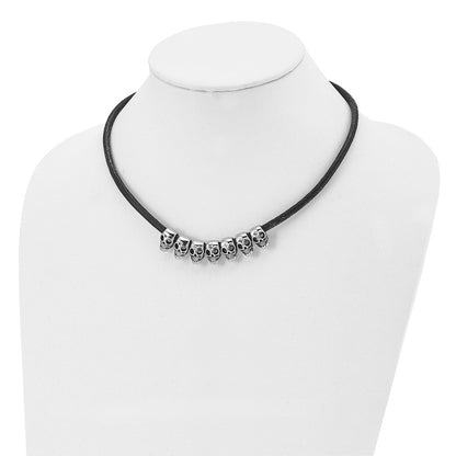 Stainless Steel Antiqued/Polished Skulls 18In Black Leather Cord Necklace