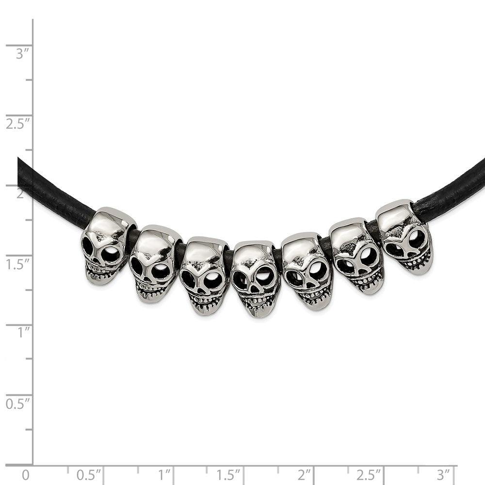 Stainless Steel Antiqued/Polished Skulls 18In Black Leather Cord Necklace