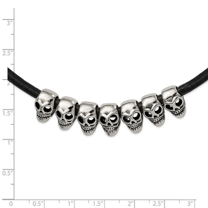 Stainless Steel Antiqued/Polished Skulls 18In Black Leather Cord Necklace
