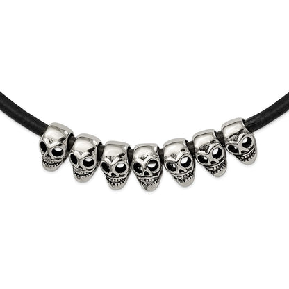 Stainless Steel Antiqued/Polished Skulls 18In Black Leather Cord Necklace