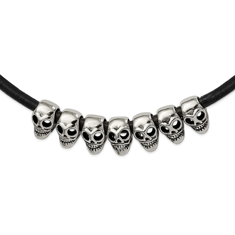 Stainless Steel Antiqued/Polished Skulls 18In Black Leather Cord Necklace