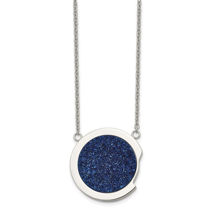Stainless Steel Polished With Blue Druzy Stone 17.75In Necklace
