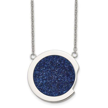 Stainless Steel Polished With Blue Druzy Stone 17.75In Necklace