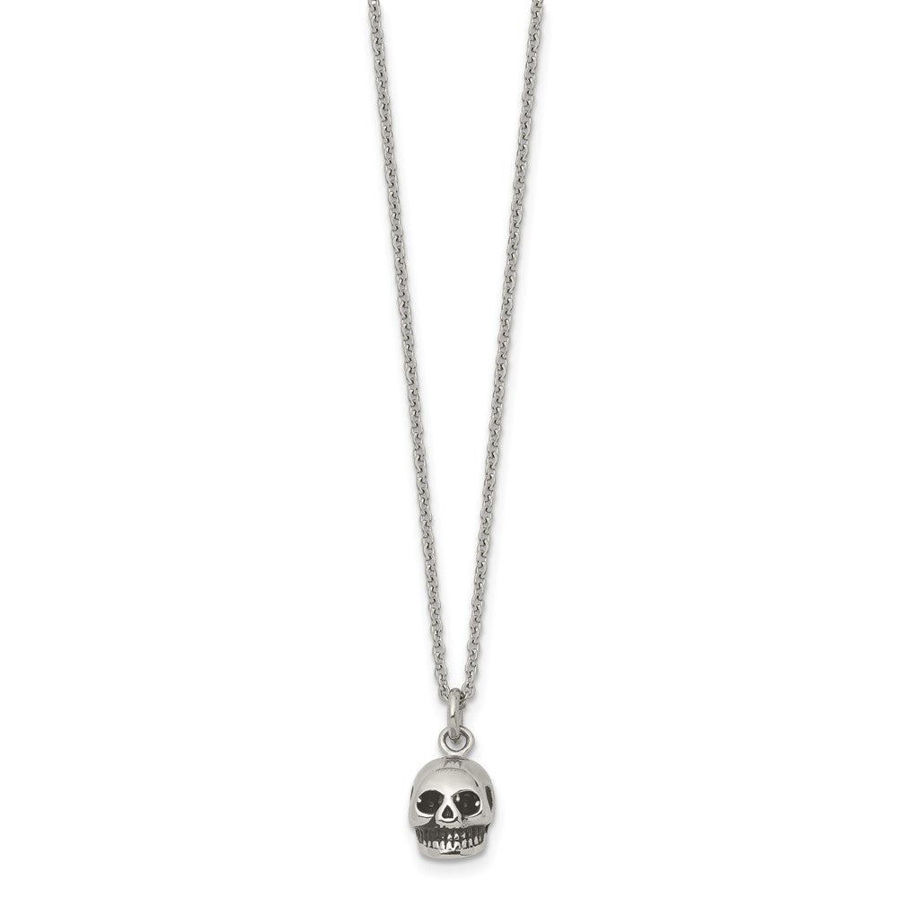 Stainless Steel Polished And Antiqued Skull 19In Necklace