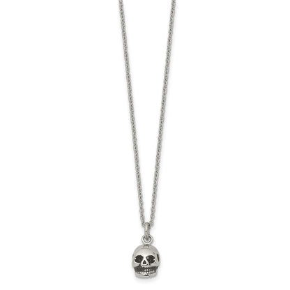 Stainless Steel Polished And Antiqued Skull 19In Necklace
