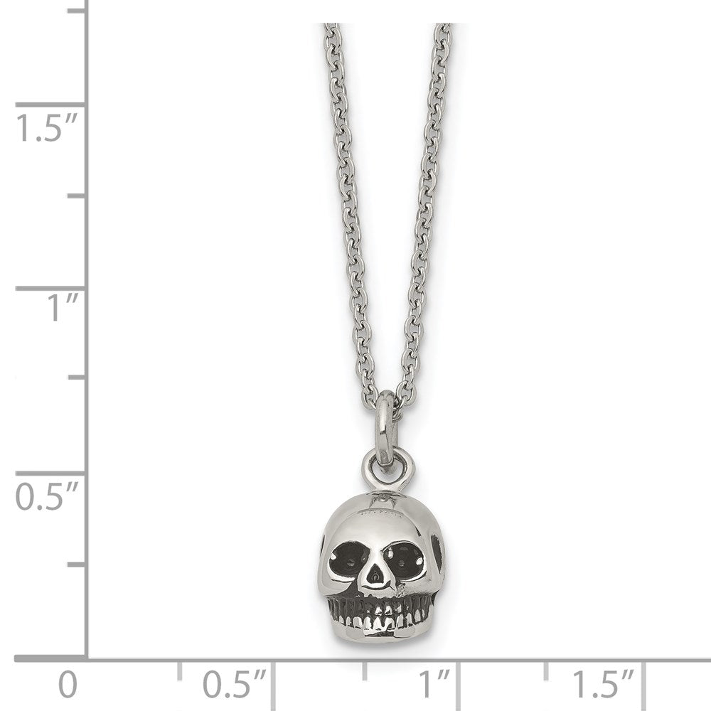 Stainless Steel Polished And Antiqued Skull 19In Necklace