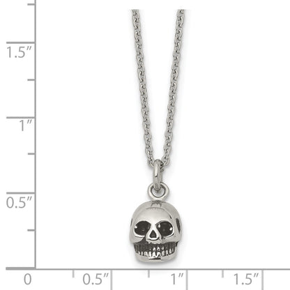 Stainless Steel Polished And Antiqued Skull 19In Necklace