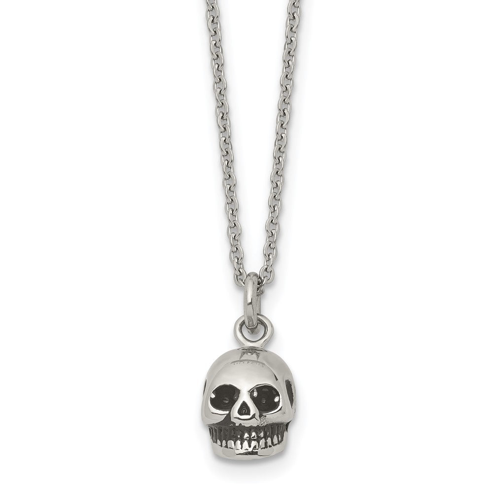 Stainless Steel Polished And Antiqued Skull 19In Necklace