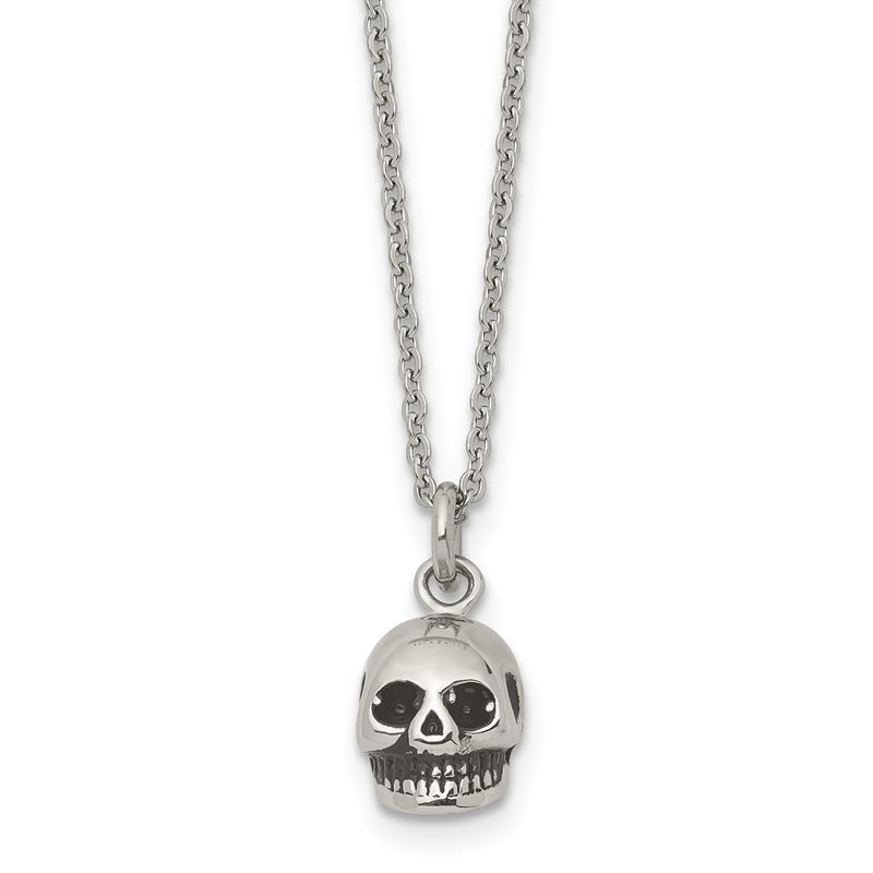 Stainless Steel Polished And Antiqued Skull 19In Necklace