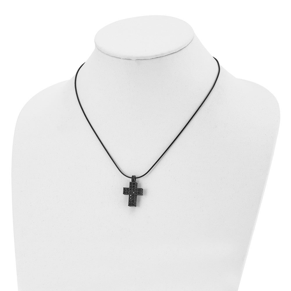 Stainless Steel Polished Black Ip Crystal Cross W/2In Ext Necklace