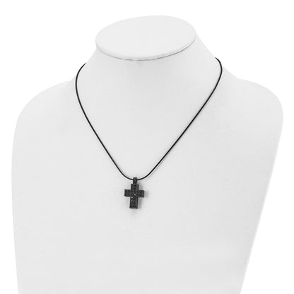 Stainless Steel Polished Black Ip Crystal Cross W/2In Ext Necklace
