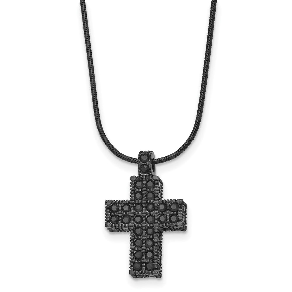 Stainless Steel Polished Black Ip Crystal Cross W/2In Ext Necklace