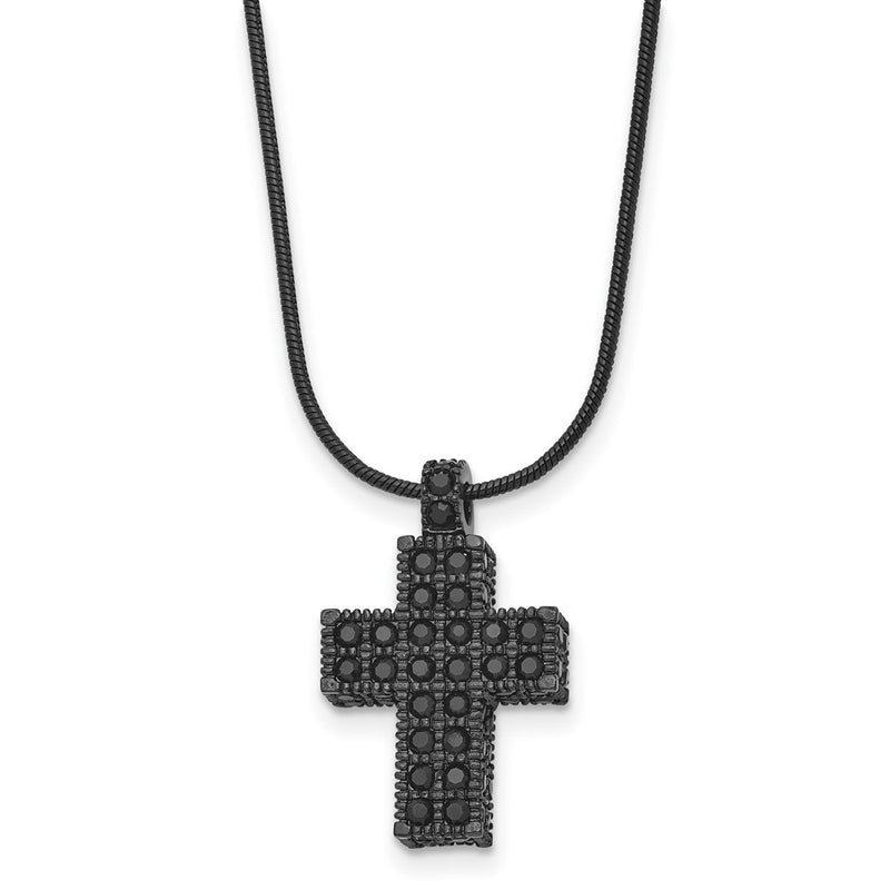 Stainless Steel Polished Black Ip Crystal Cross W/2In Ext Necklace