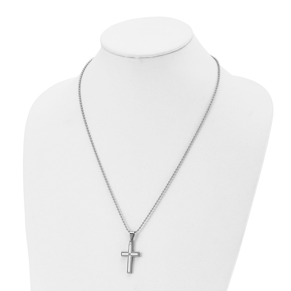Stainless Steel Chisel Brushed And Polished .03 Carat Diamond Cross Pendant On A 22 Inch Ball Chain Necklace