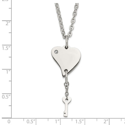 Stainless Steel Polished Heart With Cz And Key Dangle Necklace