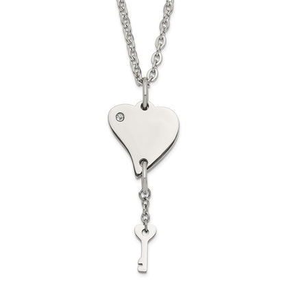 Stainless Steel Polished Heart With Cz And Key Dangle Necklace