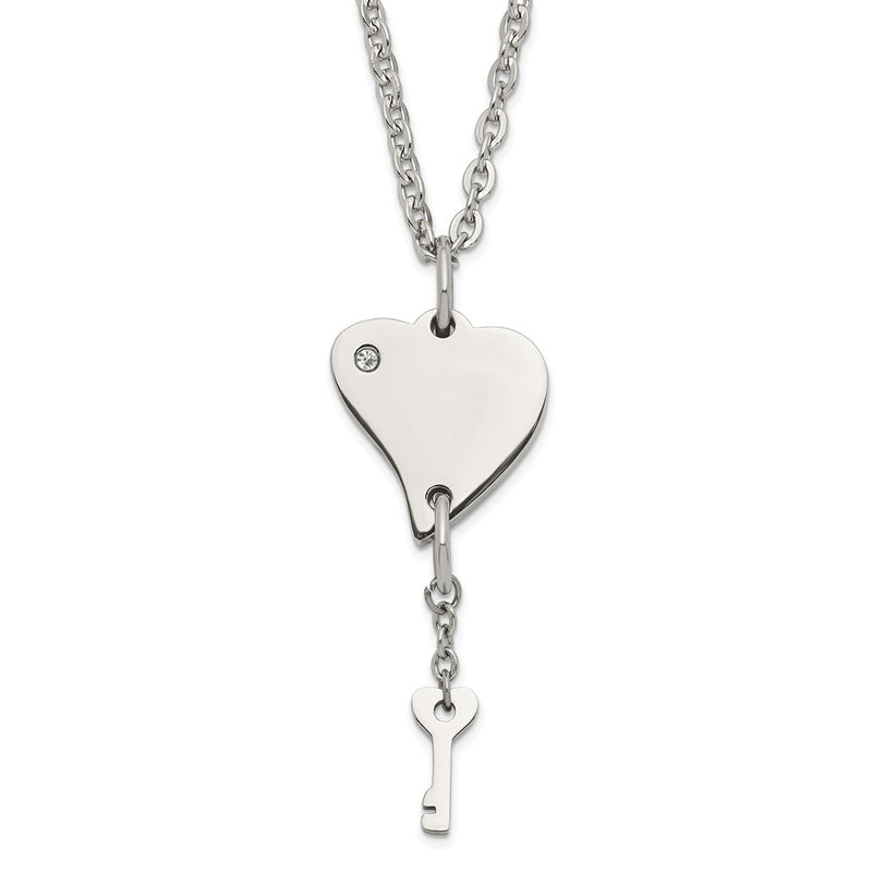 Stainless Steel Polished Heart With Cz And Key Dangle Necklace