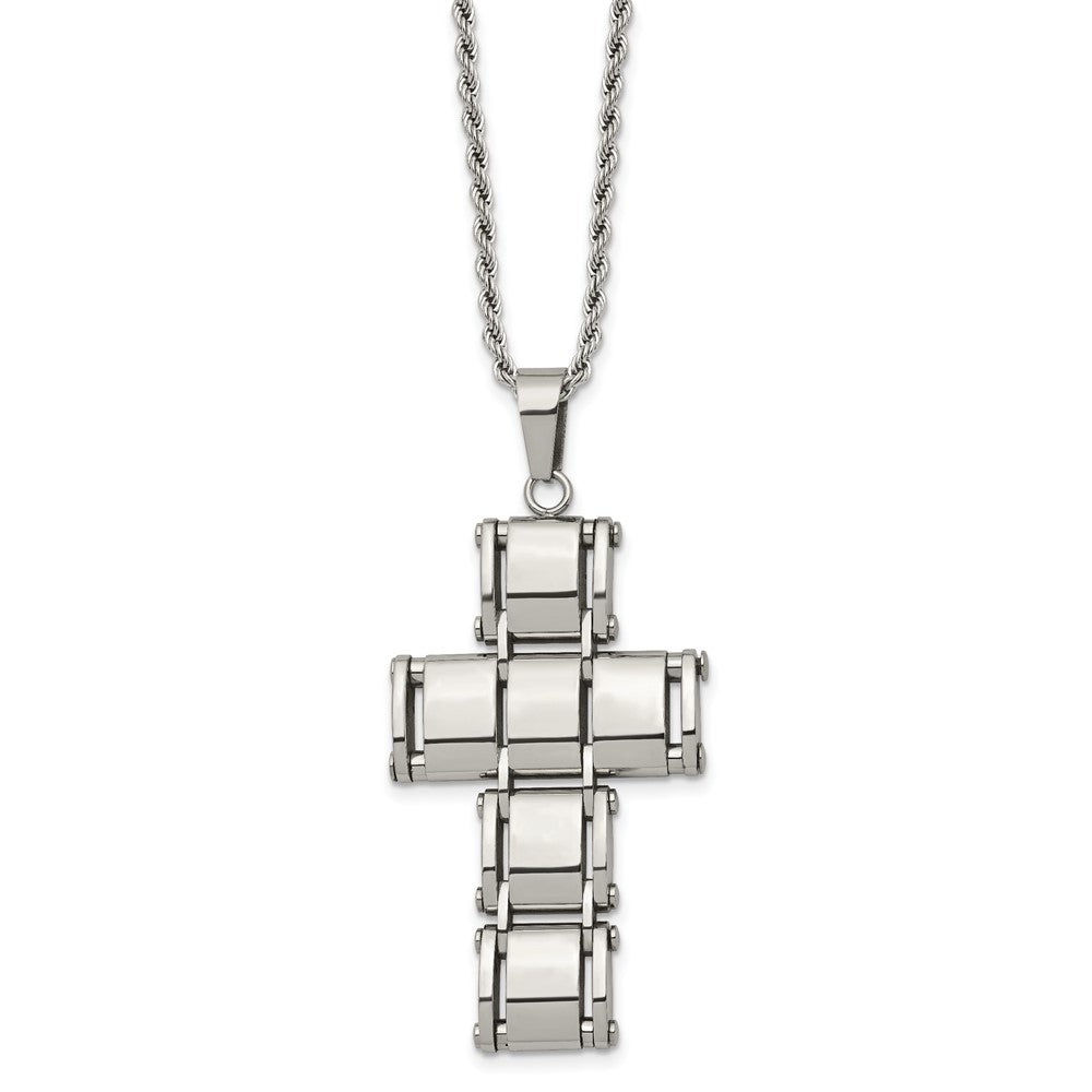 Stainless Steel Chisel Polished Moveable Cross 22 Inch Rope Chain Necklace