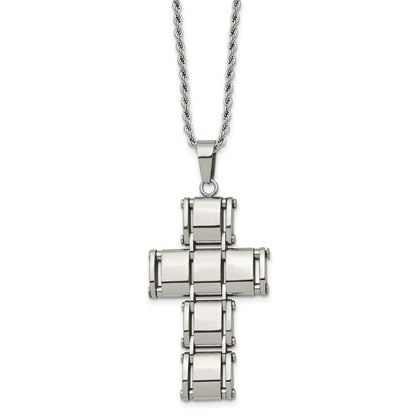 Stainless Steel Chisel Polished Moveable Cross 22 Inch Rope Chain Necklace