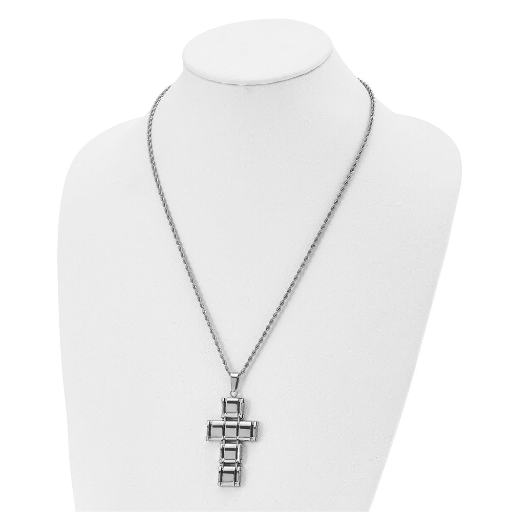 Stainless Steel Chisel Polished Moveable Cross 22 Inch Rope Chain Necklace