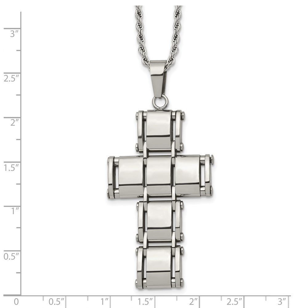 Stainless Steel Chisel Polished Moveable Cross 22 Inch Rope Chain Necklace