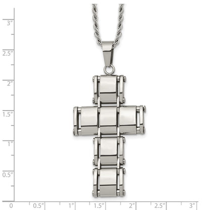 Stainless Steel Chisel Polished Moveable Cross 22 Inch Rope Chain Necklace
