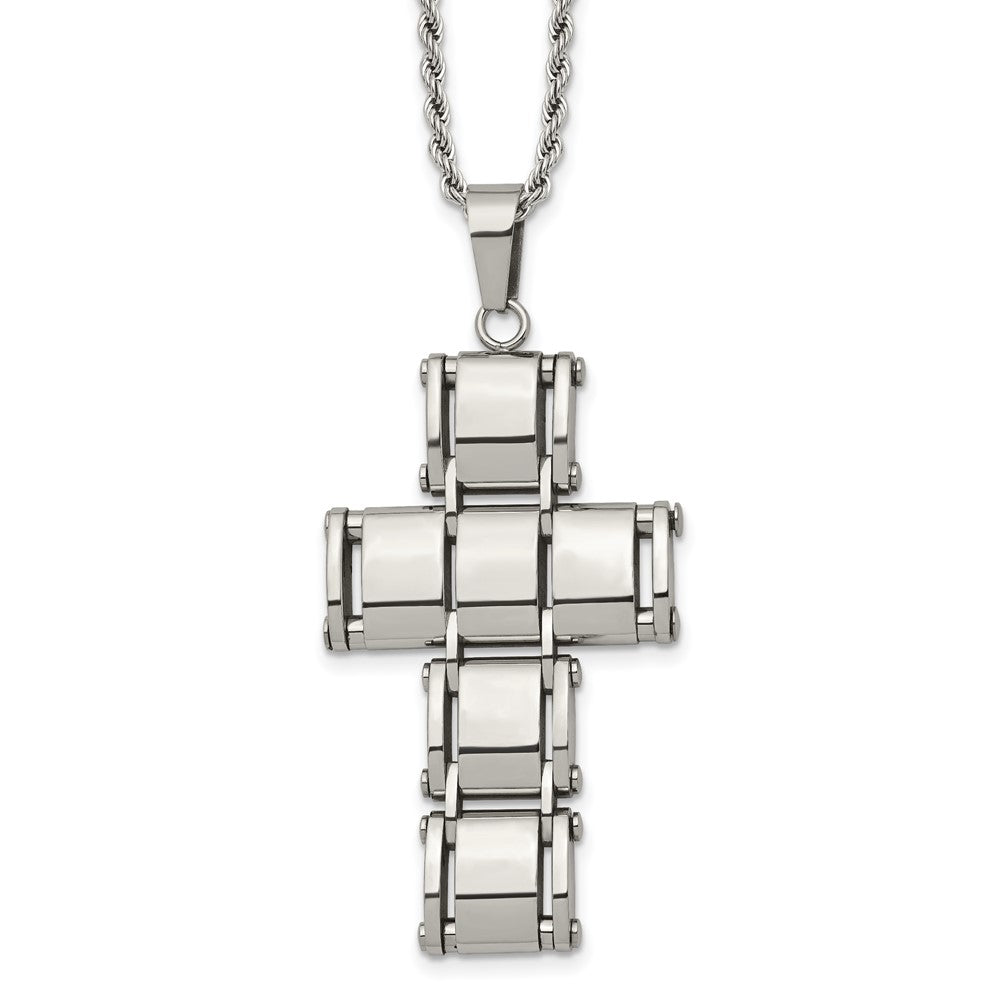 Stainless Steel Chisel Polished Moveable Cross 22 Inch Rope Chain Necklace