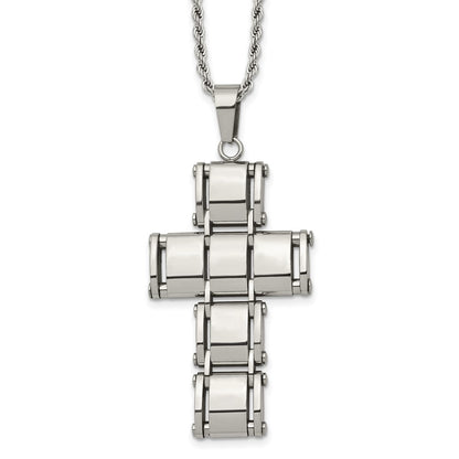 Stainless Steel Chisel Polished Moveable Cross 22 Inch Rope Chain Necklace