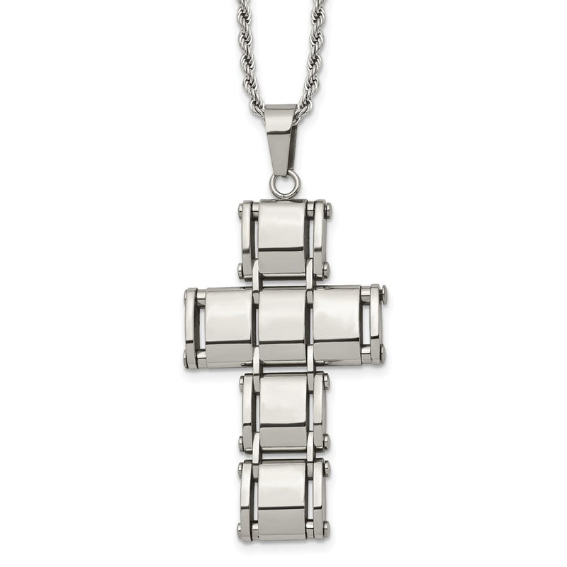 Stainless Steel Chisel Polished Moveable Cross 22 Inch Rope Chain Necklace