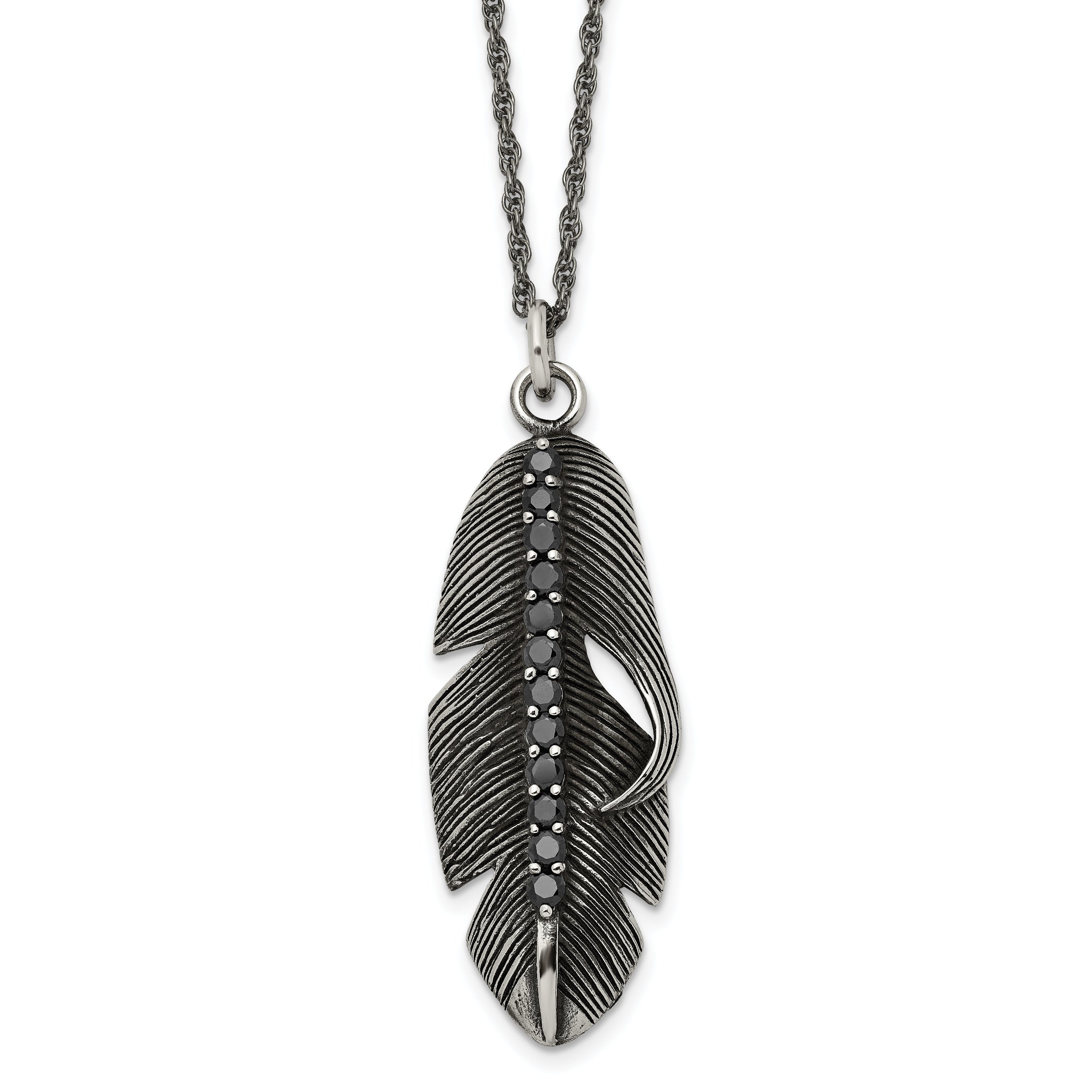 Stainless Steel Chisel Antiqued And Polished With Black Cz Feather Pendant On A 20 Inch Singapore Chain Necklace