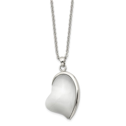 Stainless Steel Polished White Cat'S Eye Heart 20In Necklace