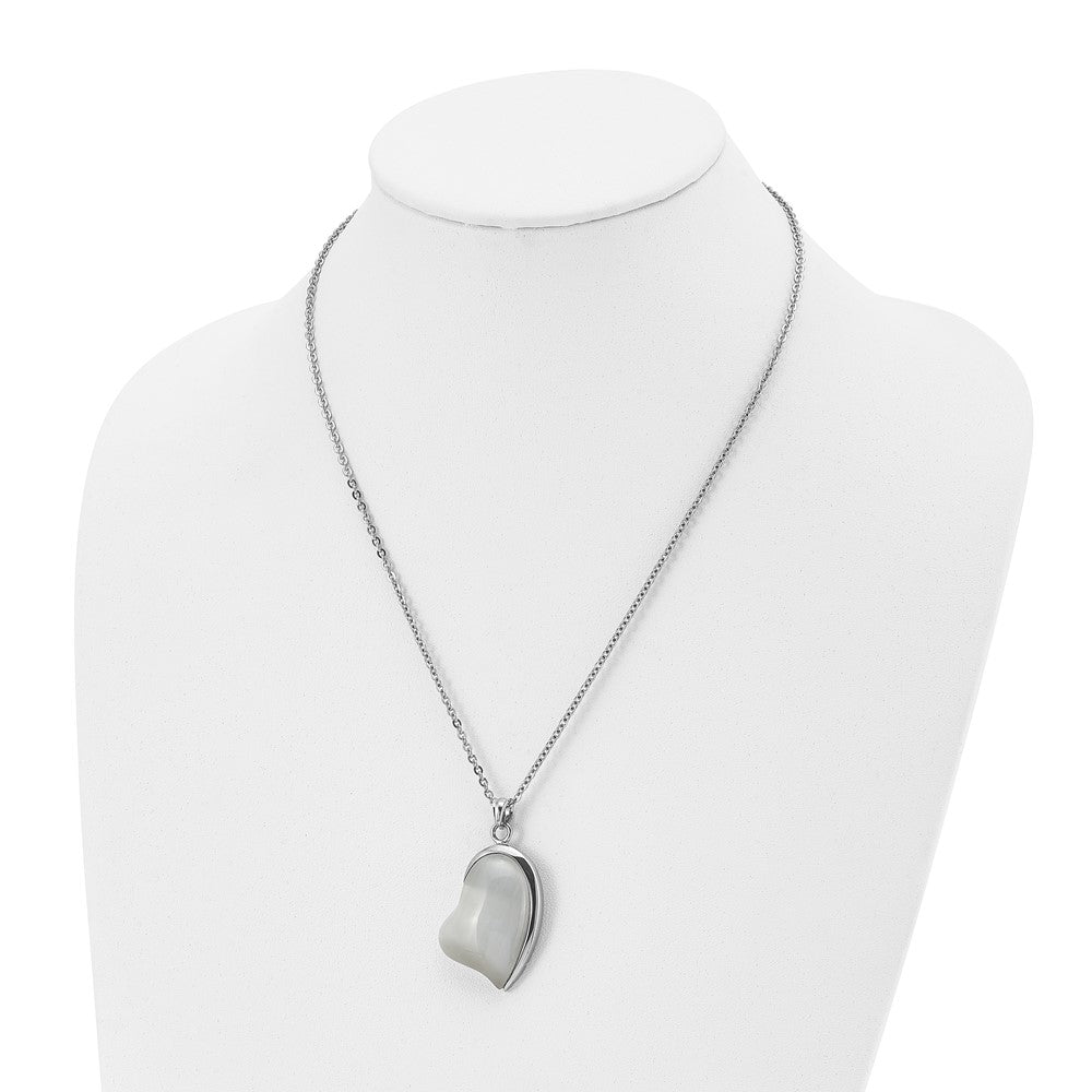 Stainless Steel Polished White Cat'S Eye Heart 20In Necklace