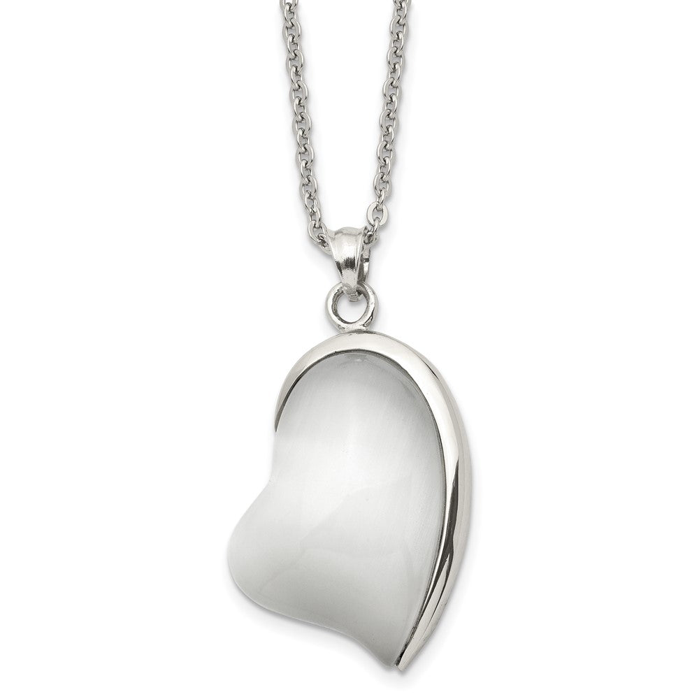 Stainless Steel Polished White Cat'S Eye Heart 20In Necklace